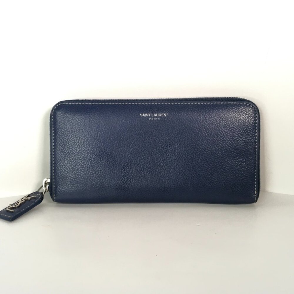 Authentic Saint Laurent Cassandra Blue Leather Zip Around Long Wallet